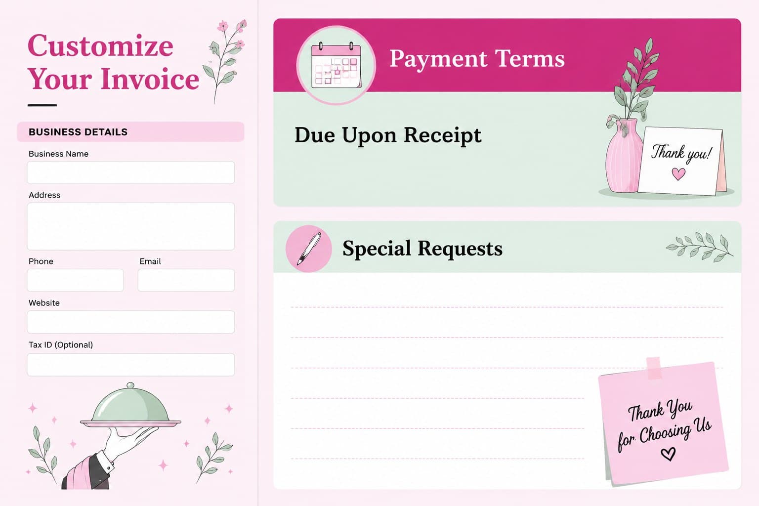 Food service invoice format slide displaying customization fields, payment terms, and client notes.