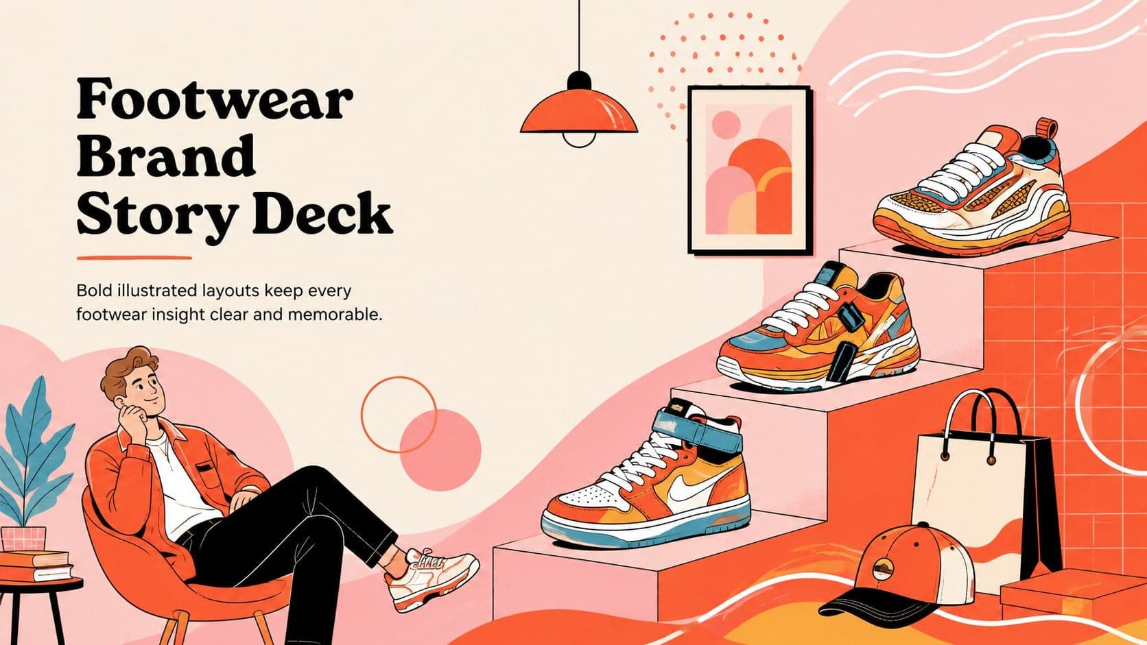 Cover of a footwear brand story deck with bold shoe illustrations in red, pink, orange, pastel, and black.