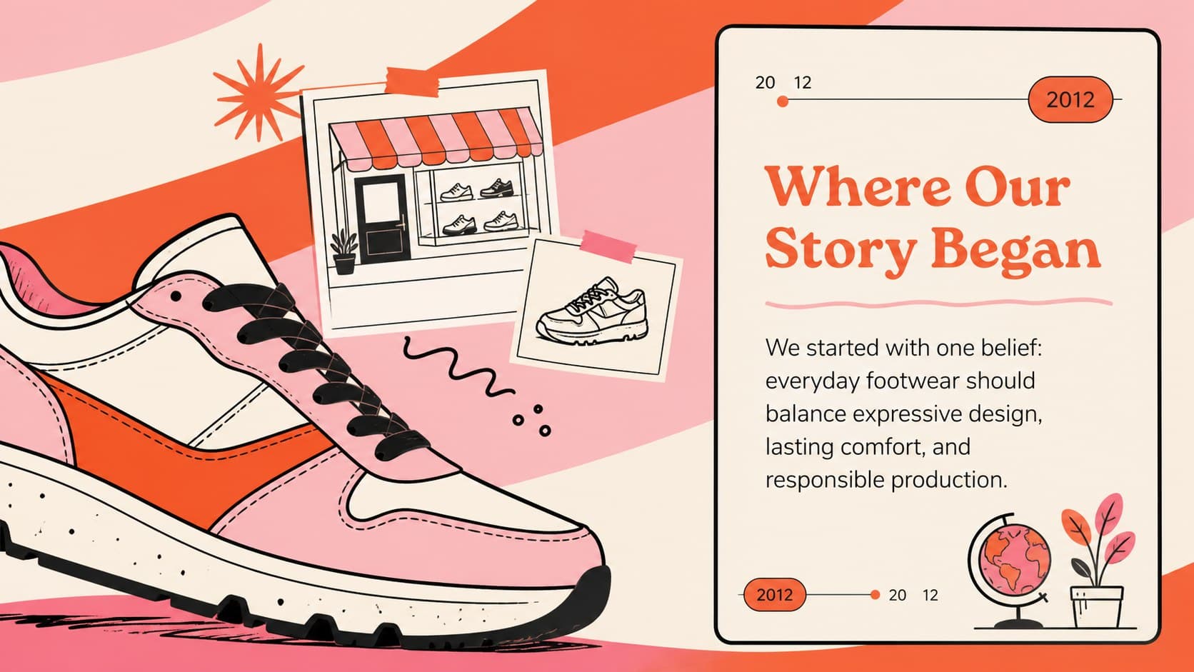 Footwear company profile slide presenting an origin story beside playful original shoe artwork.