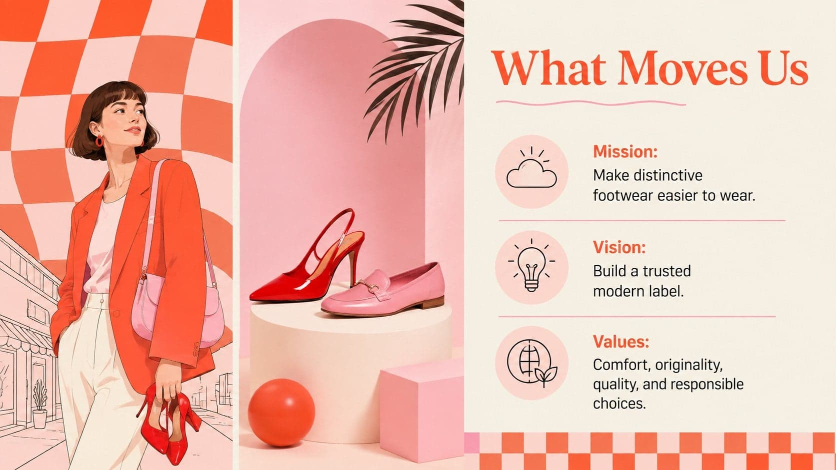 Shoe brand presentation slide displaying mission, vision, and values in a colorful illustrated layout.