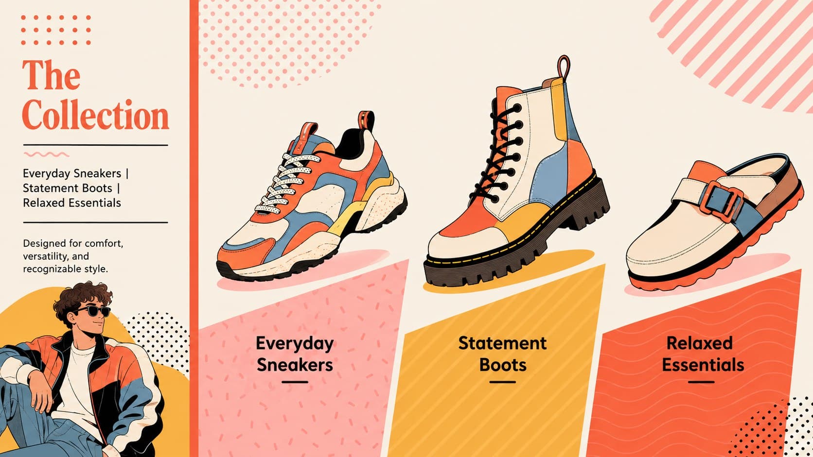 Footwear product portfolio slide featuring illustrated sneaker, boot, and casual shoe categories.