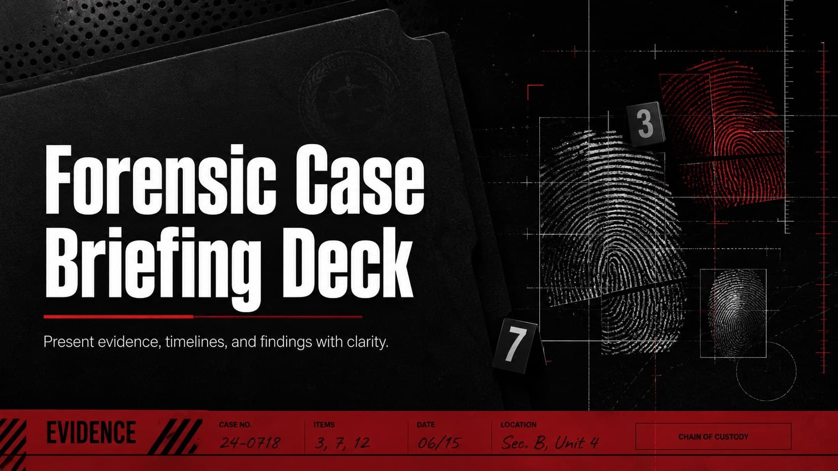 Cover of the Forensic Case Briefing Deck with bold black-and-red investigative graphics.
