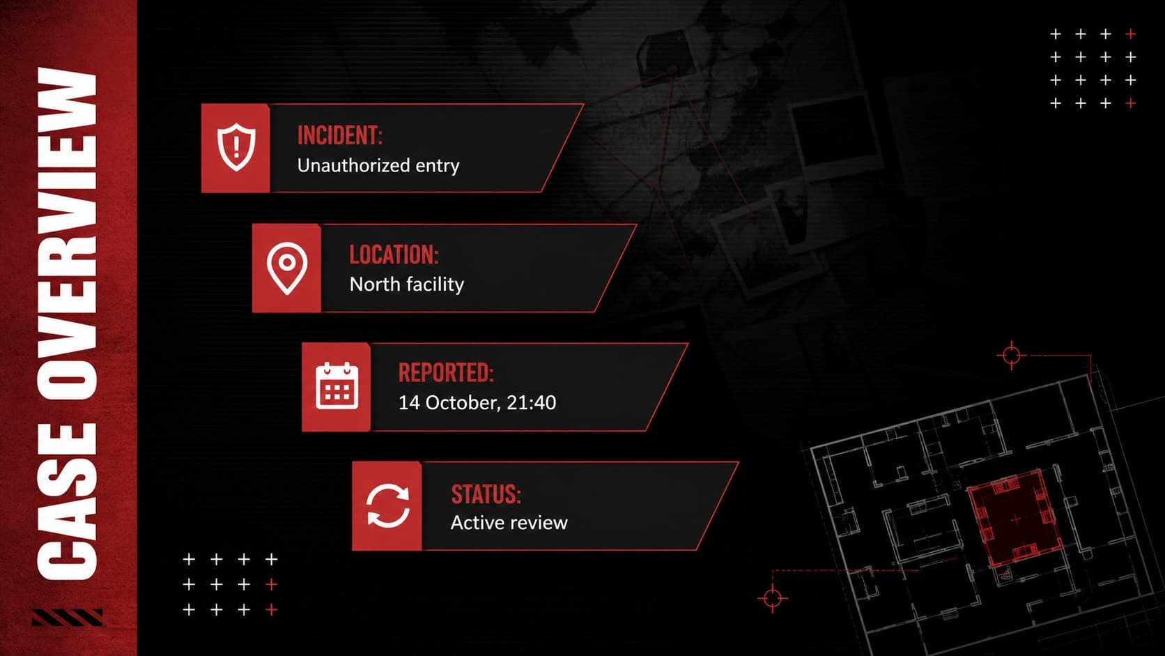 Forensic case overview slide summarizing the incident, location, date, and current status.