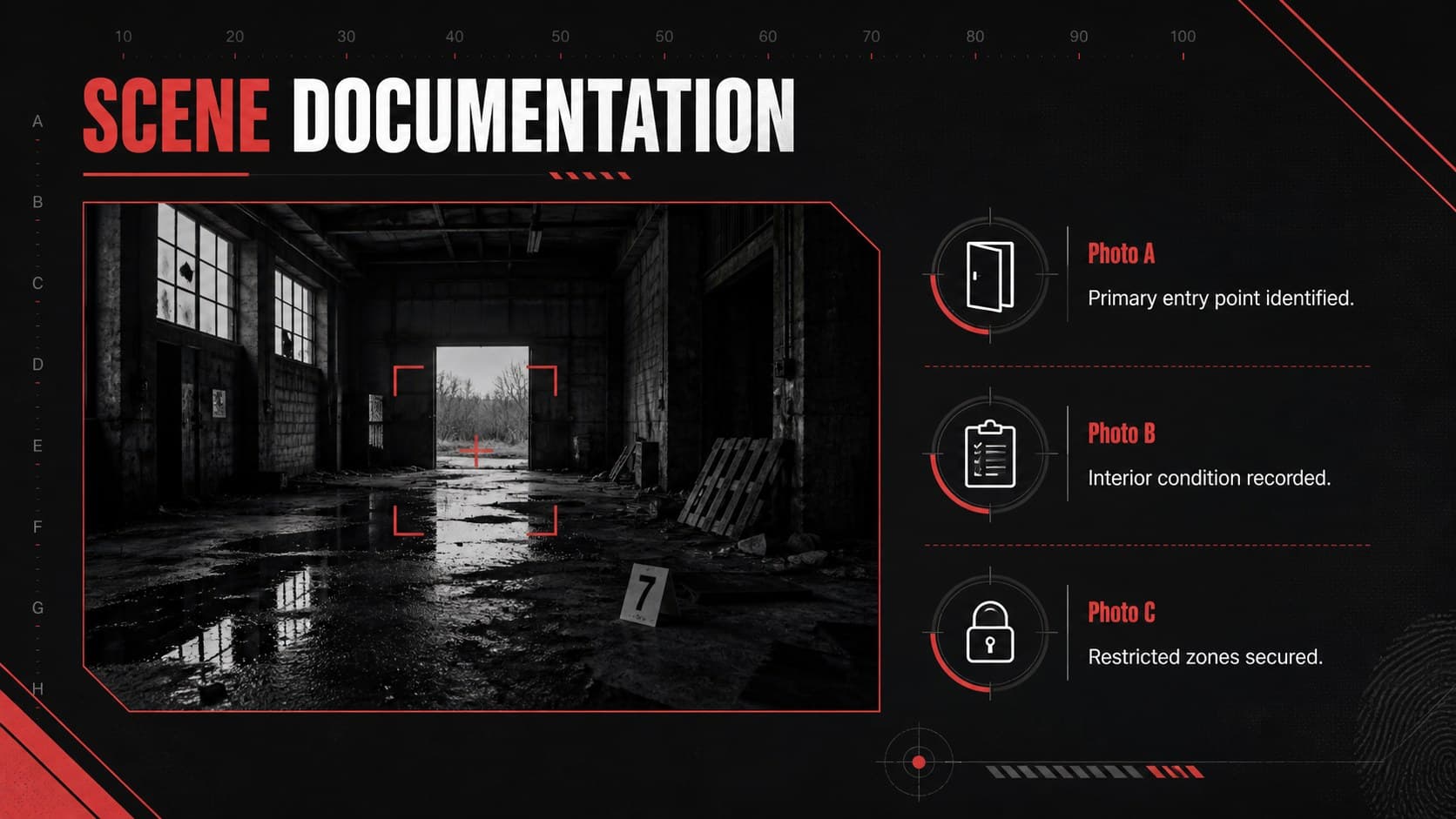 Crime scene evidence slide documenting entry points, observed conditions, and secured zones.