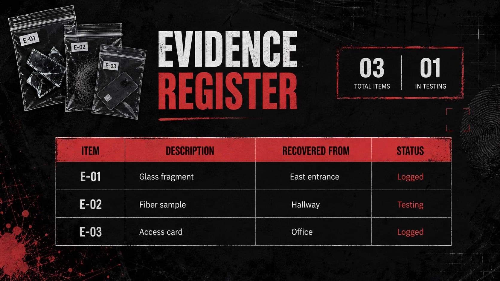 Crime scene evidence register listing item numbers, descriptions, locations, and processing status.