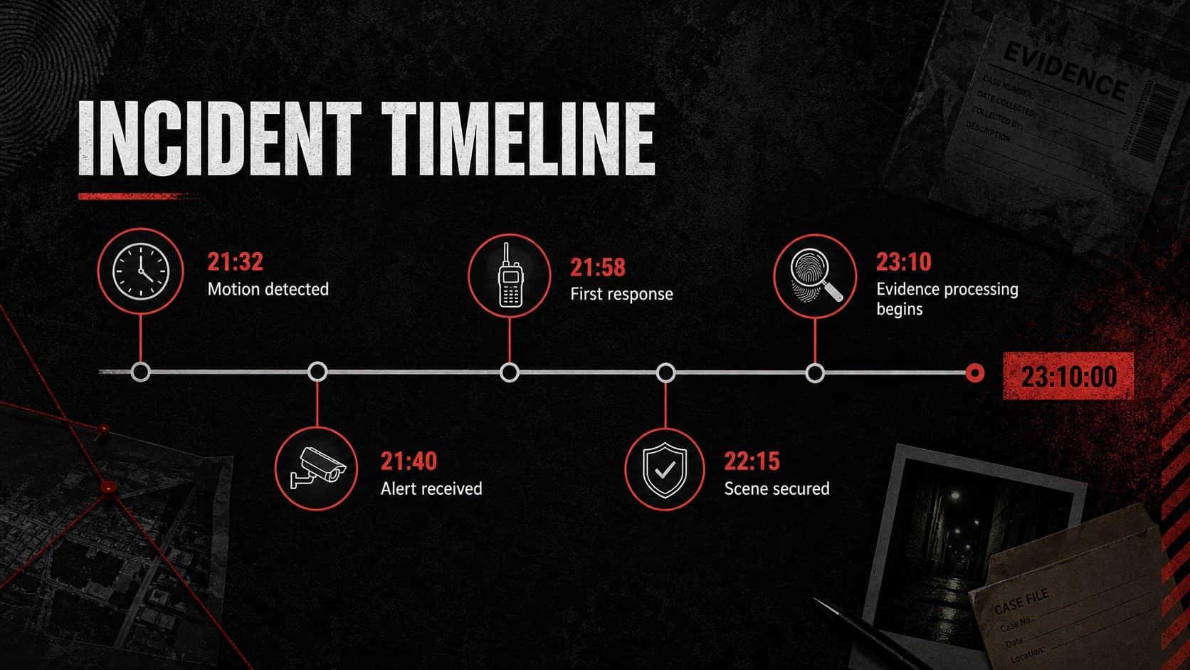 Case timeline presentation slide tracing events from the initial alert through evidence processing.