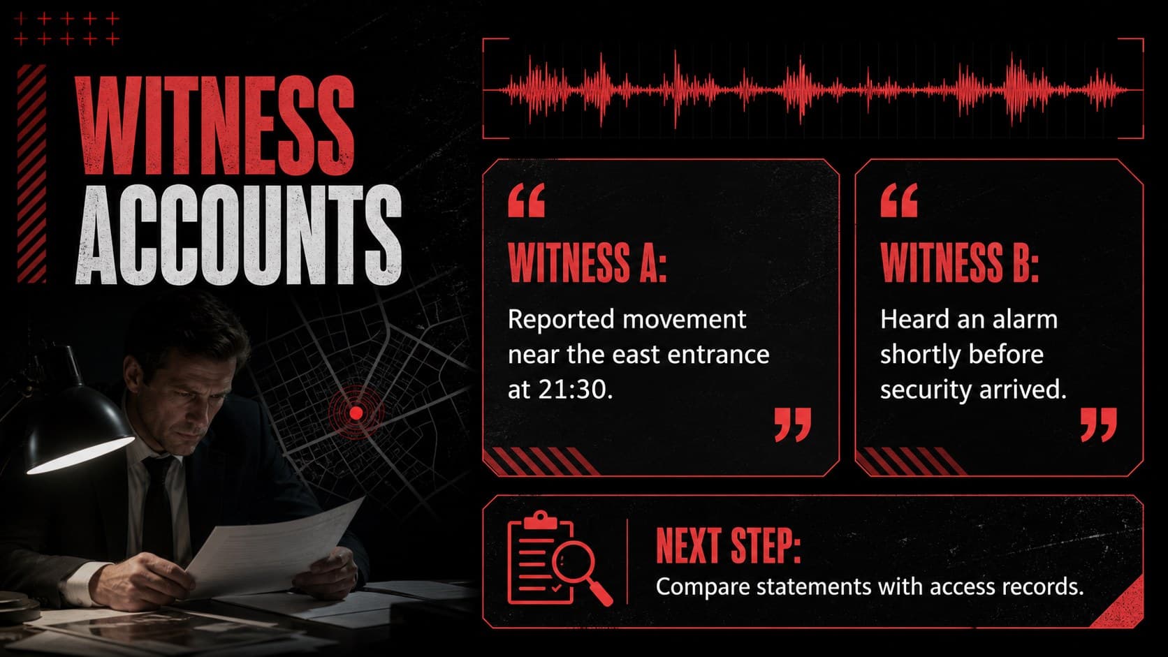 Investigation briefing slide comparing concise witness account summaries and verification notes.