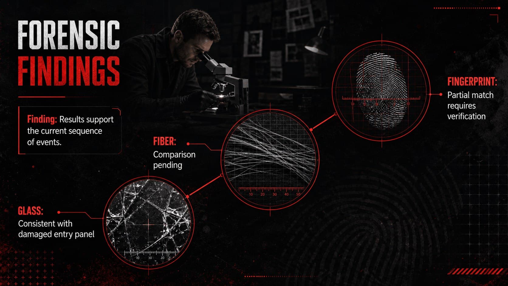 Forensic findings slide presenting laboratory results for glass, fiber, and fingerprint evidence.