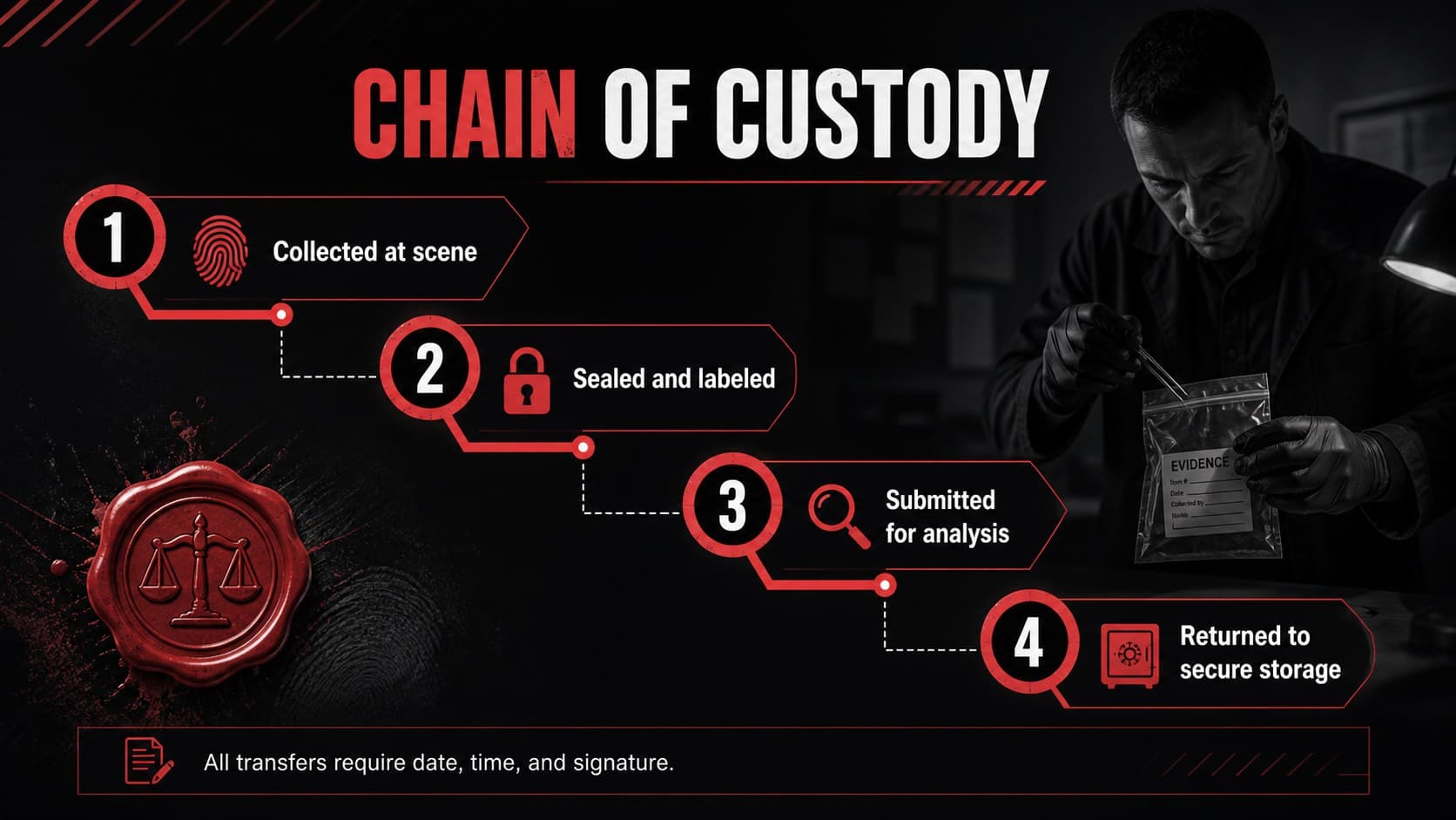 Chain of custody presentation showing documented evidence transfers from collection to secure storage.