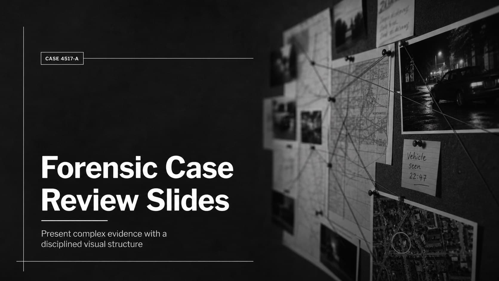 Cover slide for a forensic case review slides deck with a stark monochrome evidence photograph and editorial headline.