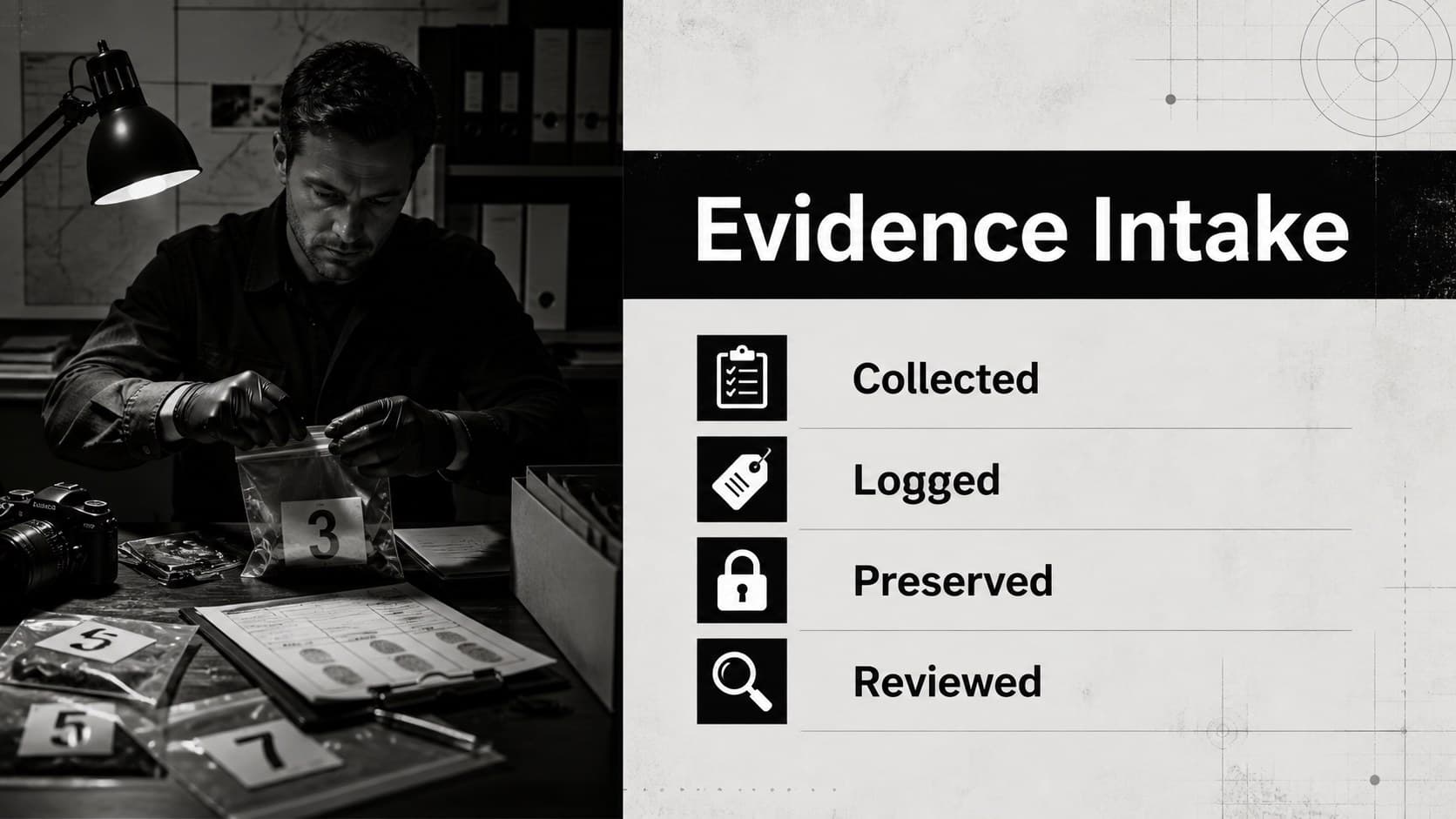 Evidence intake slide for a forensic investigation briefing showing labeled monochrome image panels.