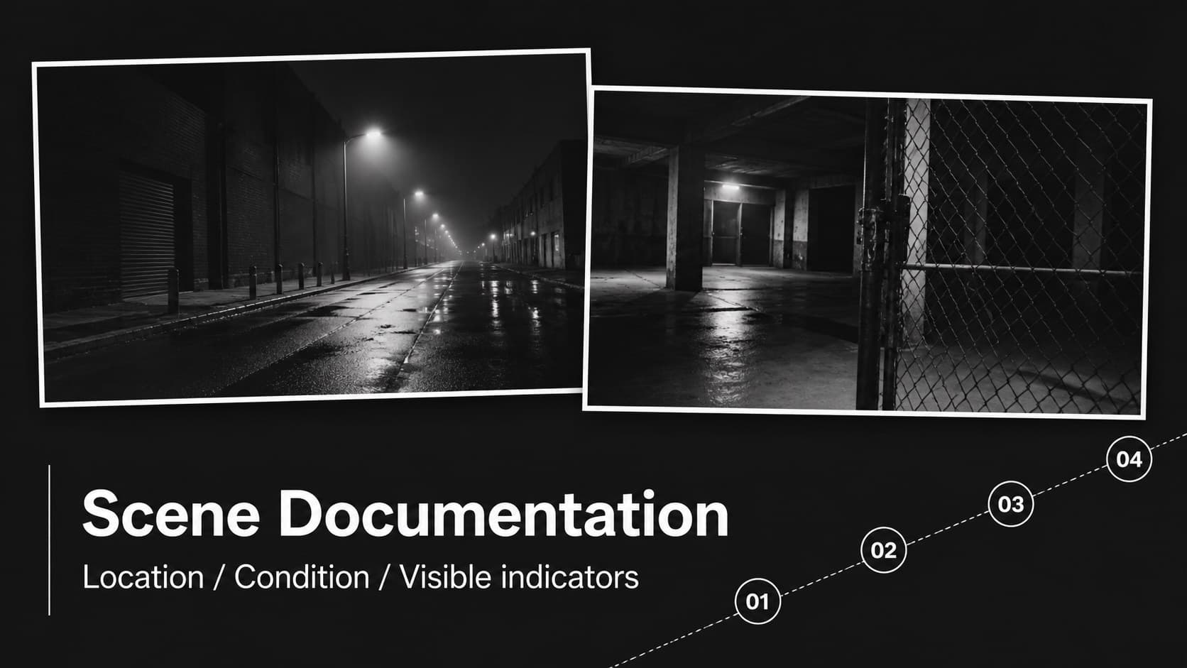Scene documentation slide presenting a black-and-white crime scene image with concise observation labels.