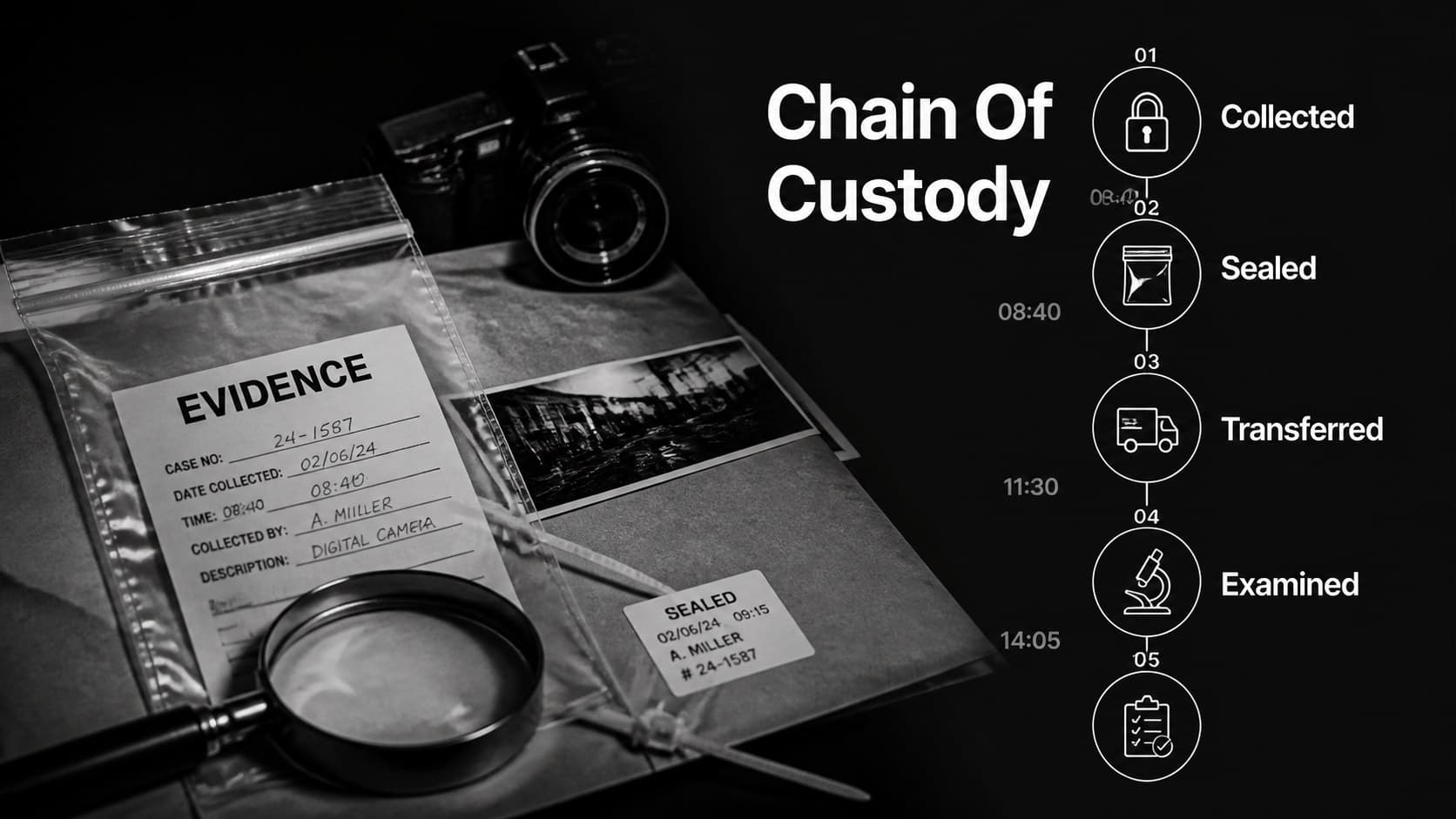 Chain of custody slide mapping evidence movement through a forensic case review slides deck.