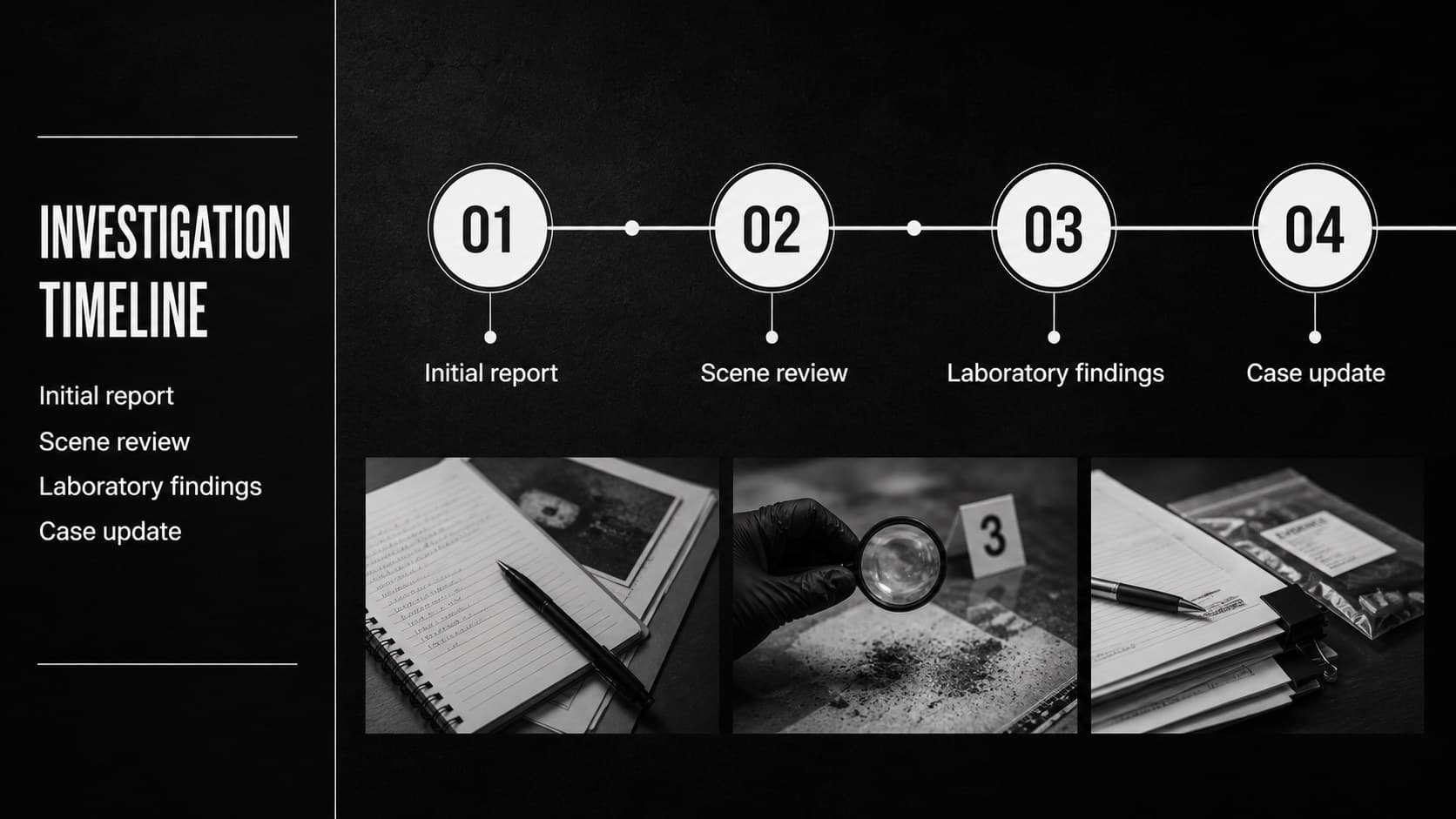 Investigation timeline slide showing key milestones for a criminal justice case study deck.