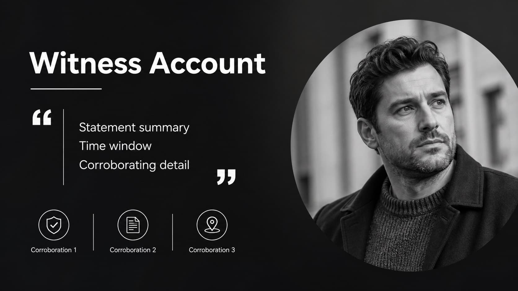 Witness account slide organizing interview statements beside a restrained monochrome portrait image.