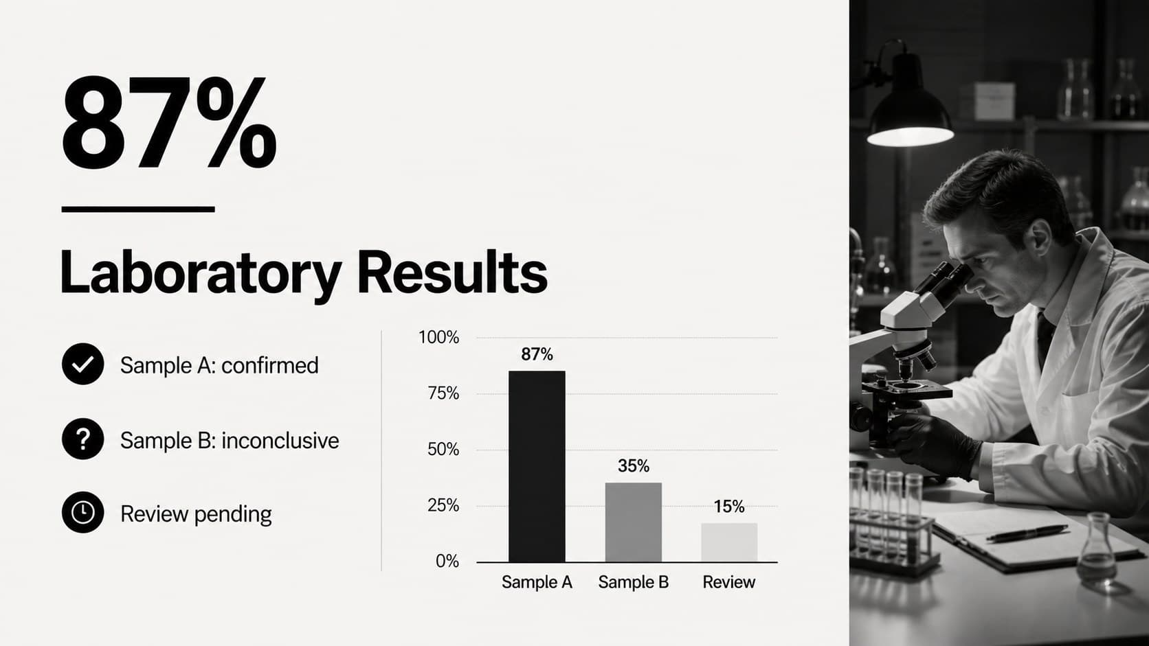 Laboratory results slide displaying analytical findings and a compact evidence data chart.