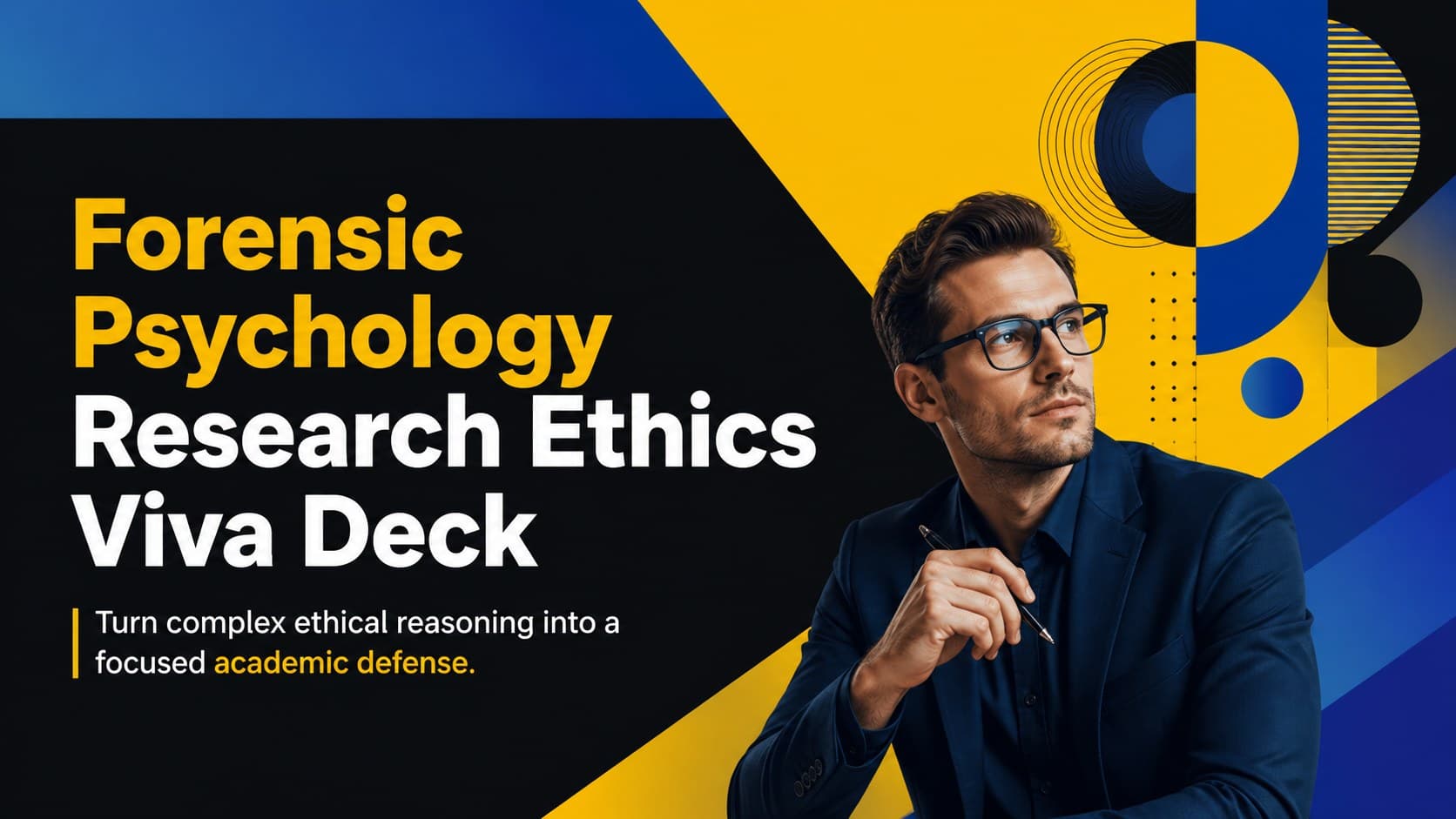 Cover slide for a forensic psychology viva deck with bold yellow, blue, and black geometric styling.
