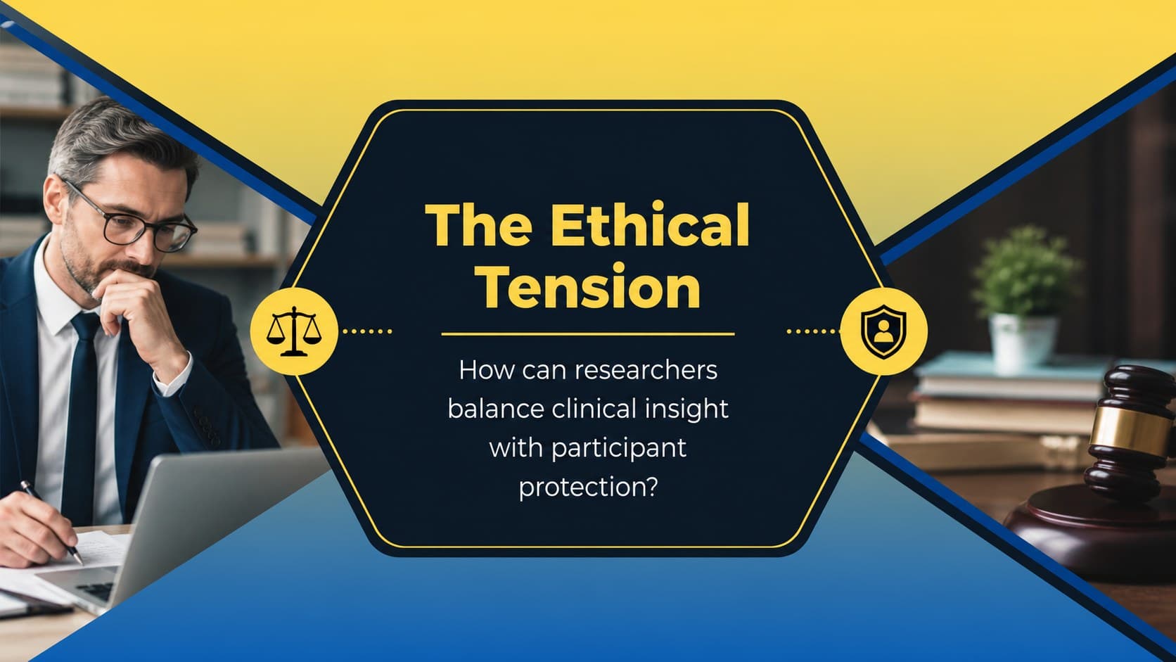 Ethical question slide framing a psychology research dilemma with geometric visual elements.