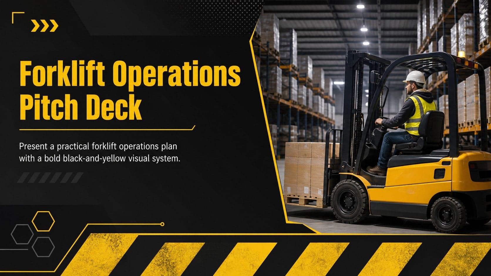 Cover slide for a forklift operations pitch deck with bold industrial typography and black-and-yellow geometric styling.