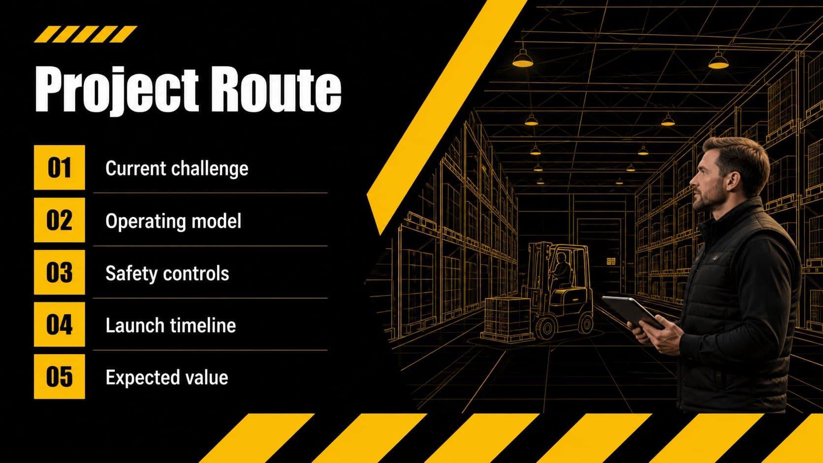 Agenda slide outlining the sections of a warehouse equipment presentation.