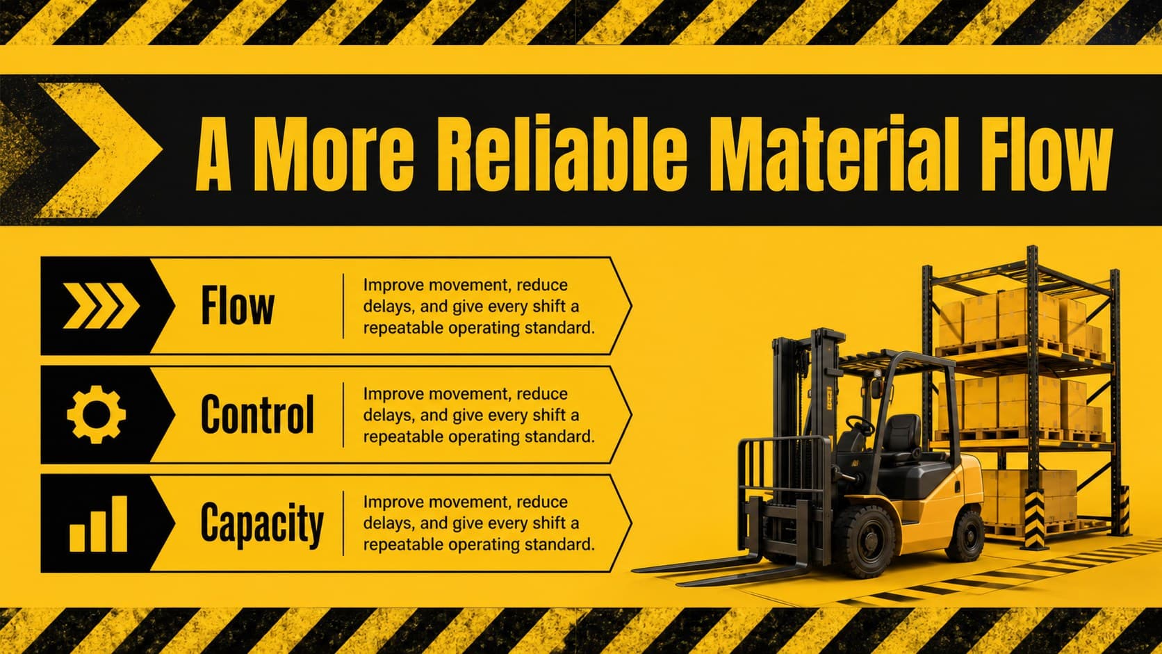 Warehouse operations overview slide showing project goals and equipment priorities.