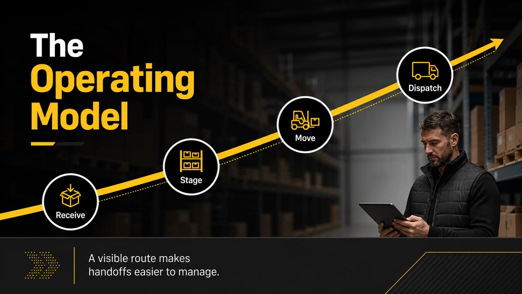 Forklift workflow presentation slide mapping movement from receiving to dispatch.