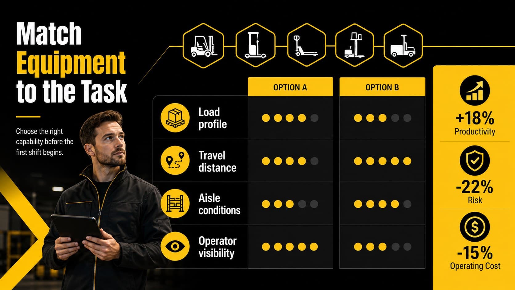 Equipment capability slide comparing forklift roles and warehouse requirements.