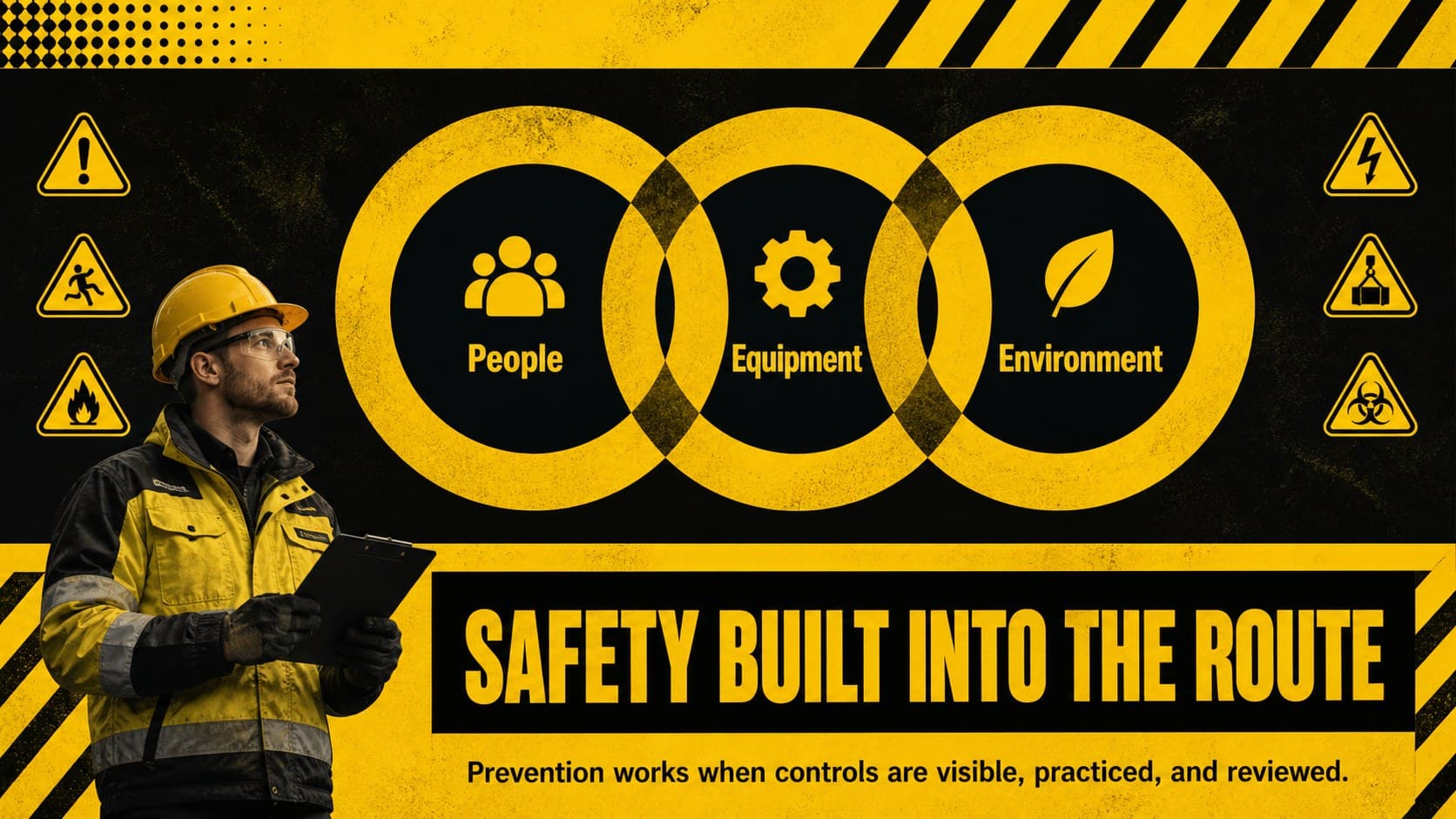 Forklift safety project plan slide with layered controls for people, equipment, and routes.