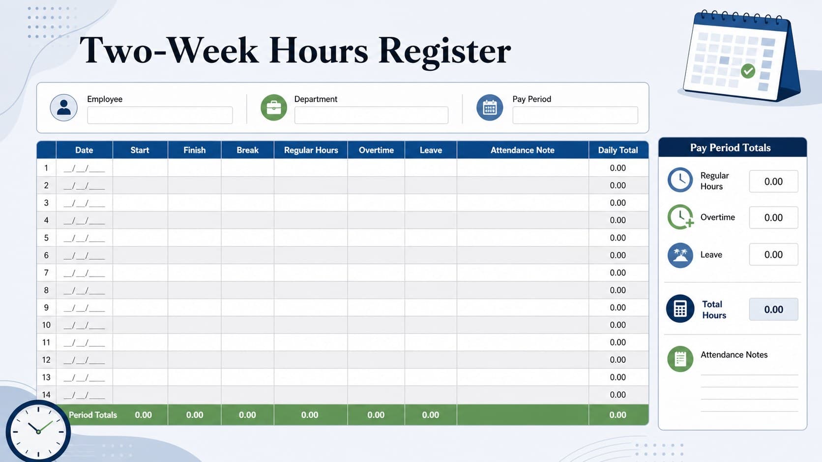 Detailed two week work hour tracker with daily shifts, breaks, regular hours, overtime, and attendance fields.
