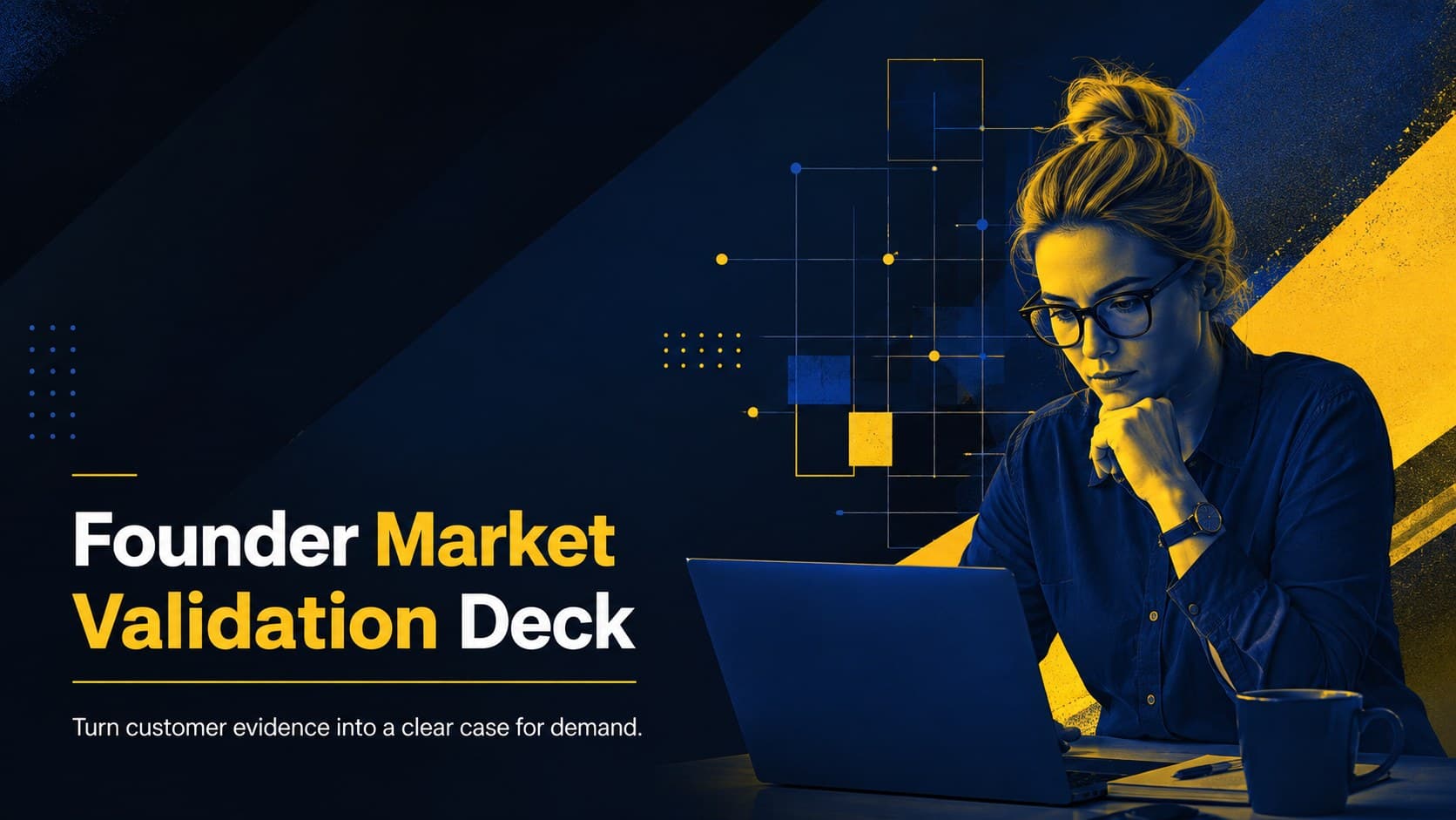 Cover of a founder market validation deck with bold blue, yellow, and black geometric styling.