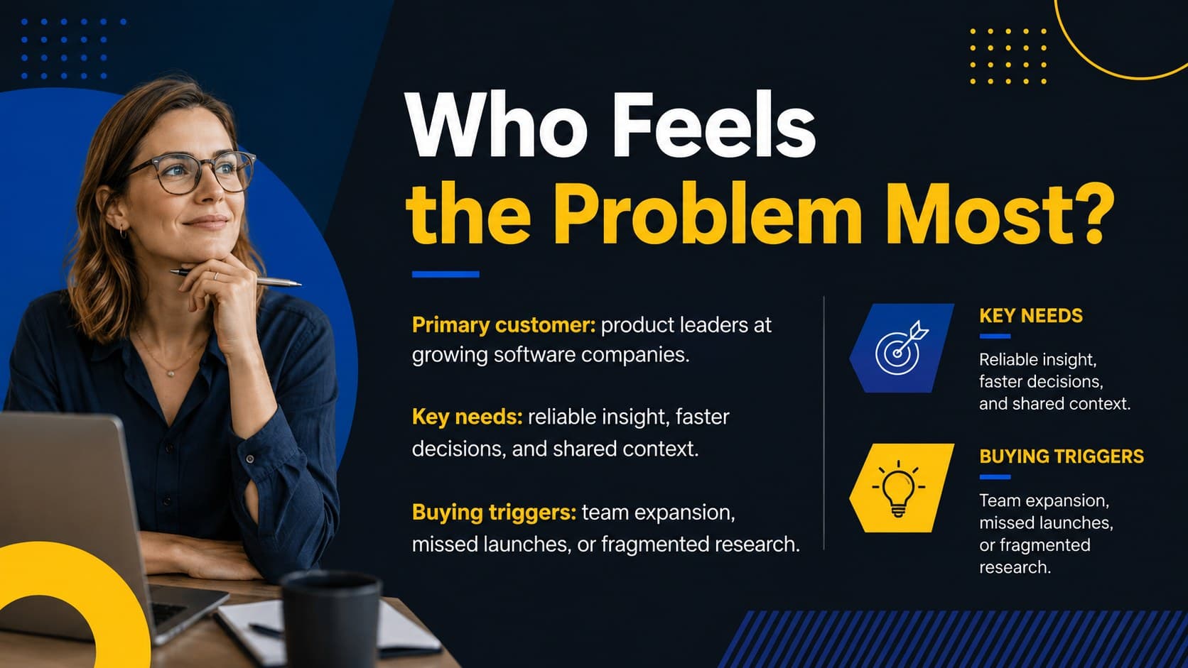 Target customer profile slide for a startup customer discovery presentation with needs and buying triggers.