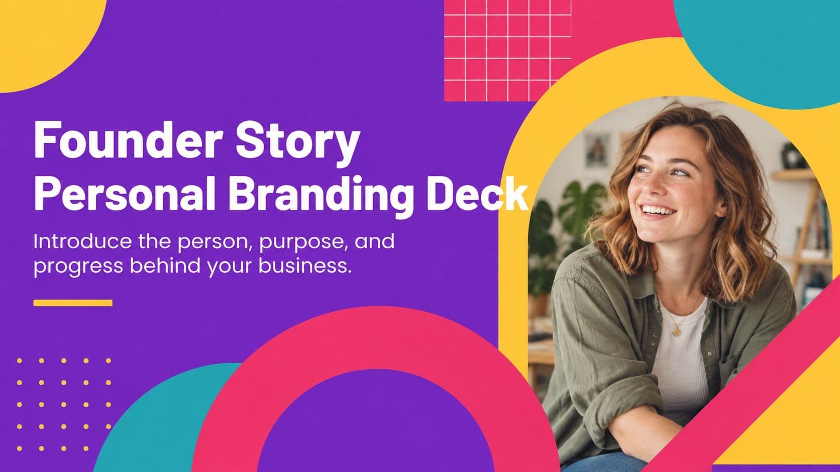 Colorful geometric cover for a Founder Story Personal Branding Deck with a bold founder portrait area.