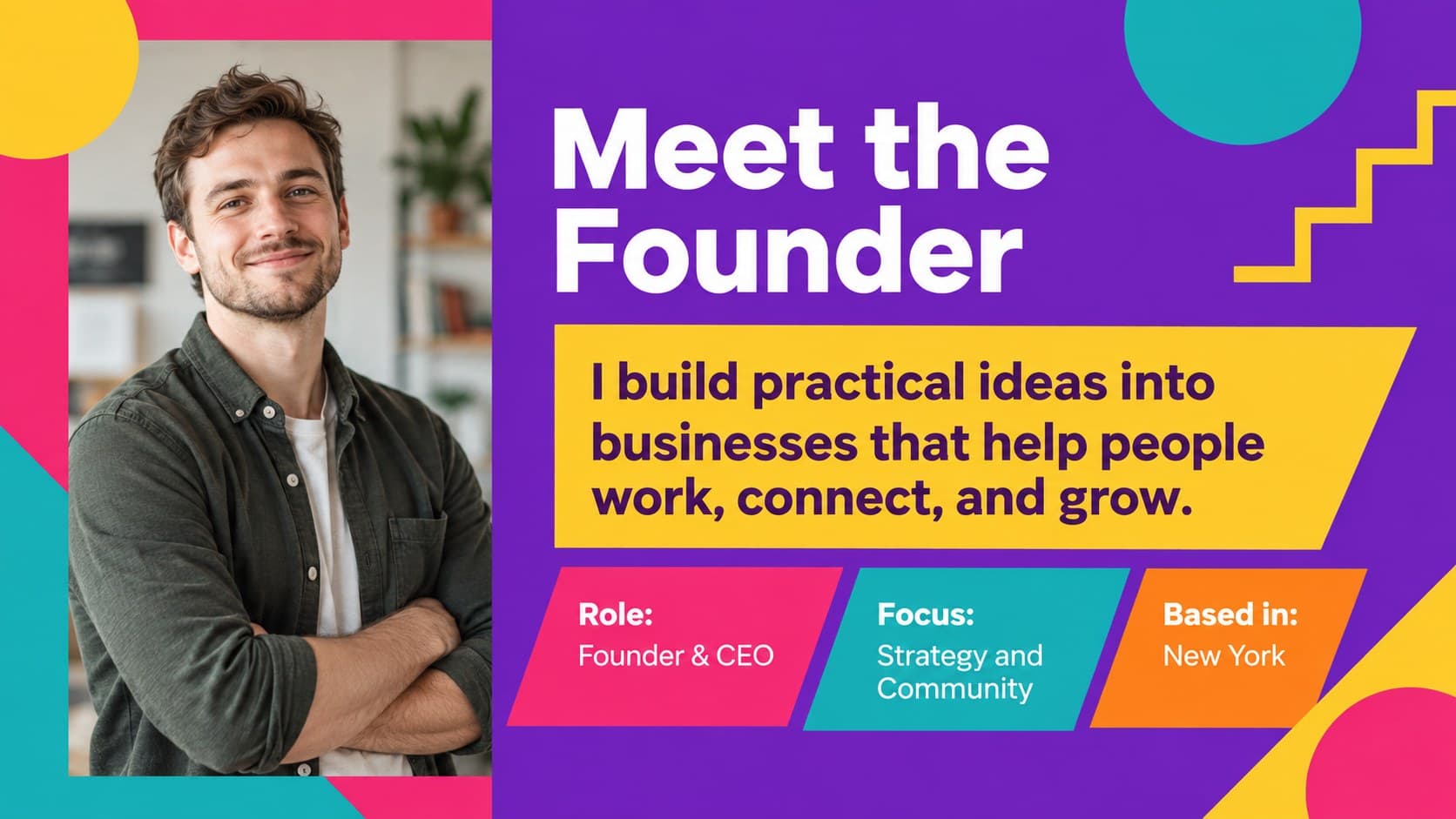 Meet the founder biography slide with a colorful portrait, concise profile, and personal details.