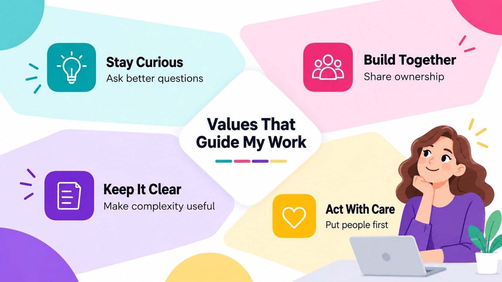 Founder profile slide presenting personal values through four colorful geometric sections.