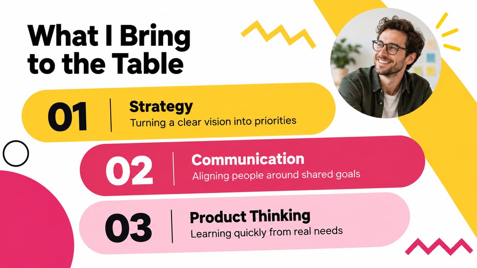 Entrepreneur biography slide highlighting strategy, communication, and product-building strengths.