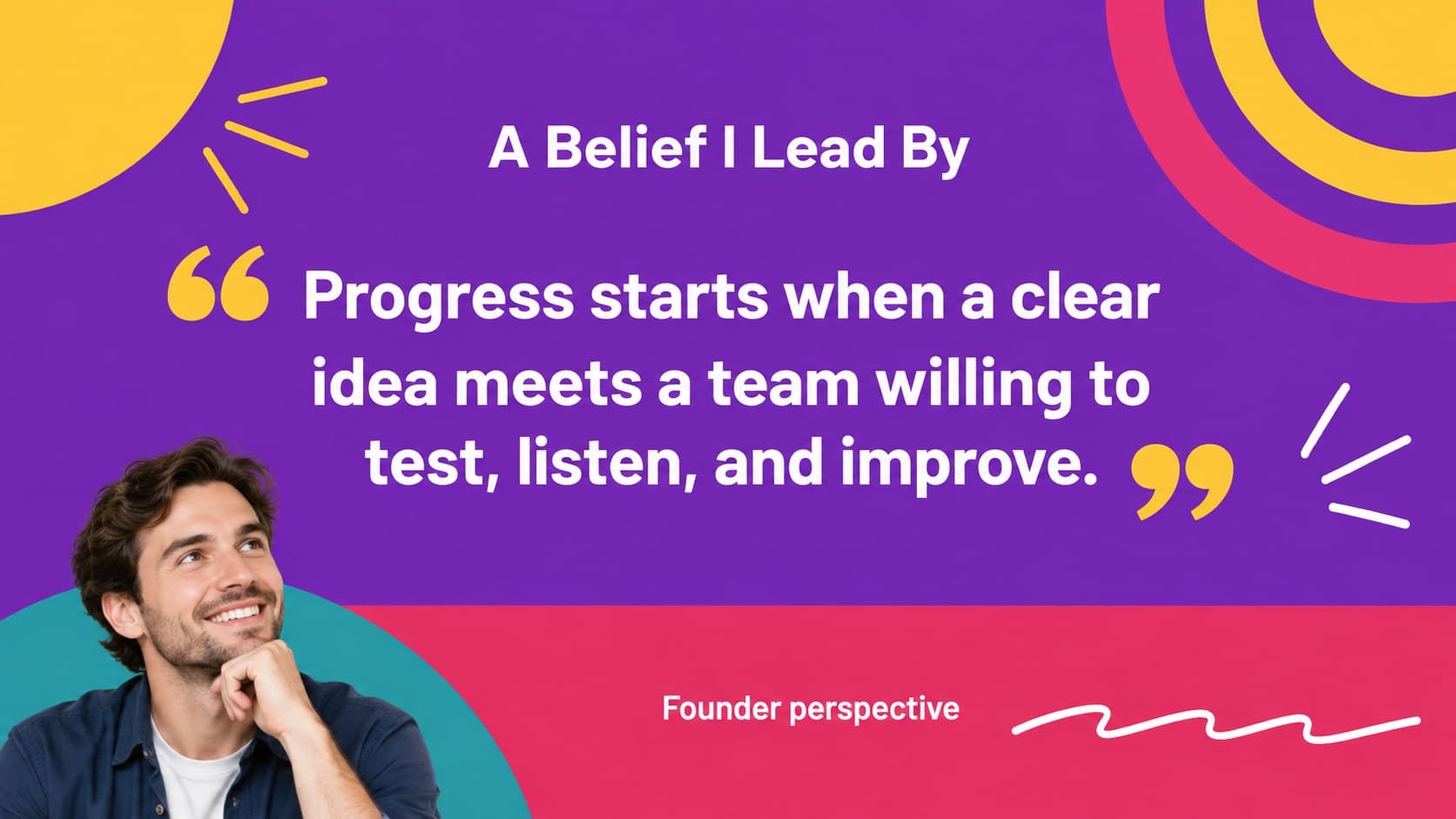 Colorful founder story slide featuring a central leadership quote and original portrait.