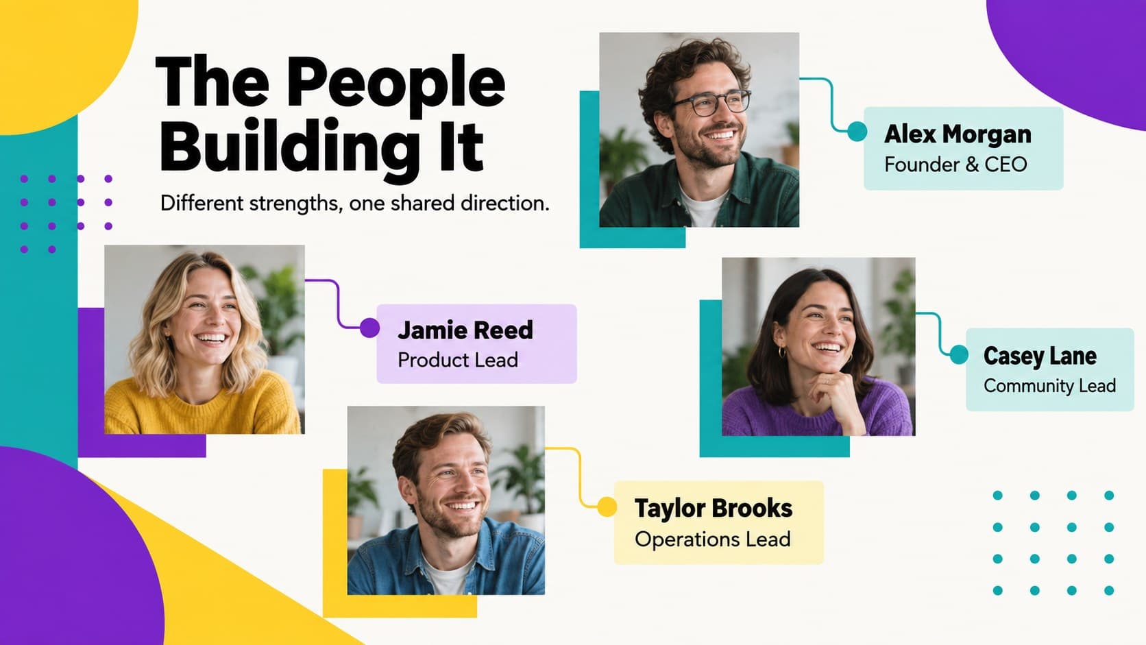 Team introduction slide with four original portraits and concise role descriptions.