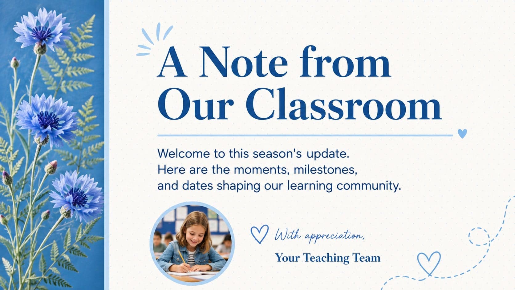 Blue floral teacher newsletter template page featuring a welcoming note for families.
