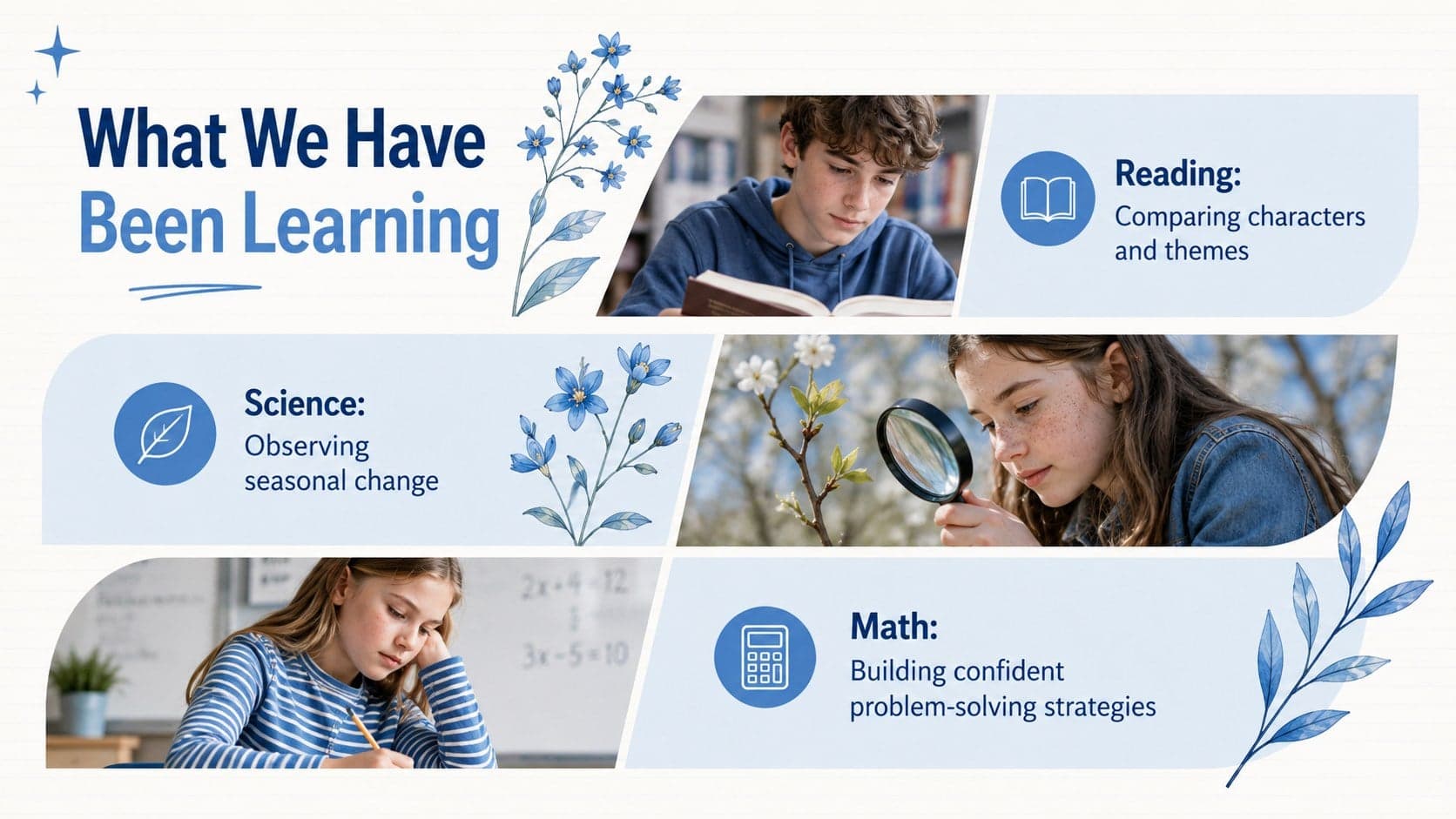 Four-season education newsletter layout presenting three recent classroom learning highlights.