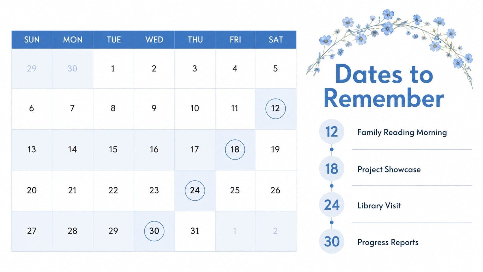 Editable school newsletter PowerPoint calendar showing important classroom dates in blue and white.