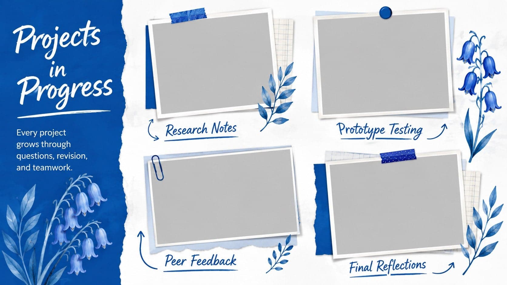 Blue-and-white classroom newsletter page displaying project photos and short student work captions.