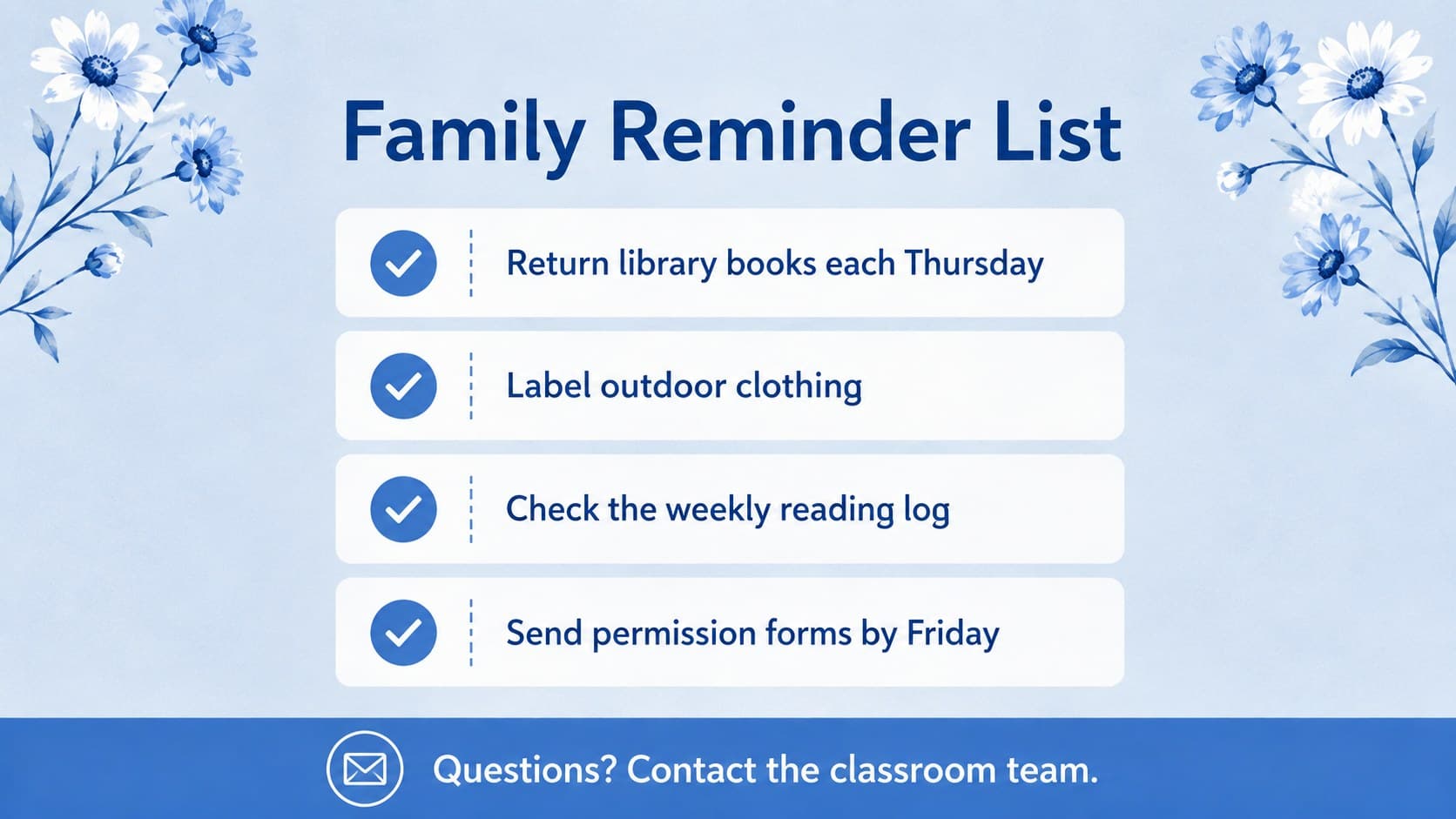 Google Slides family update deck page with a concise checklist of classroom reminders.