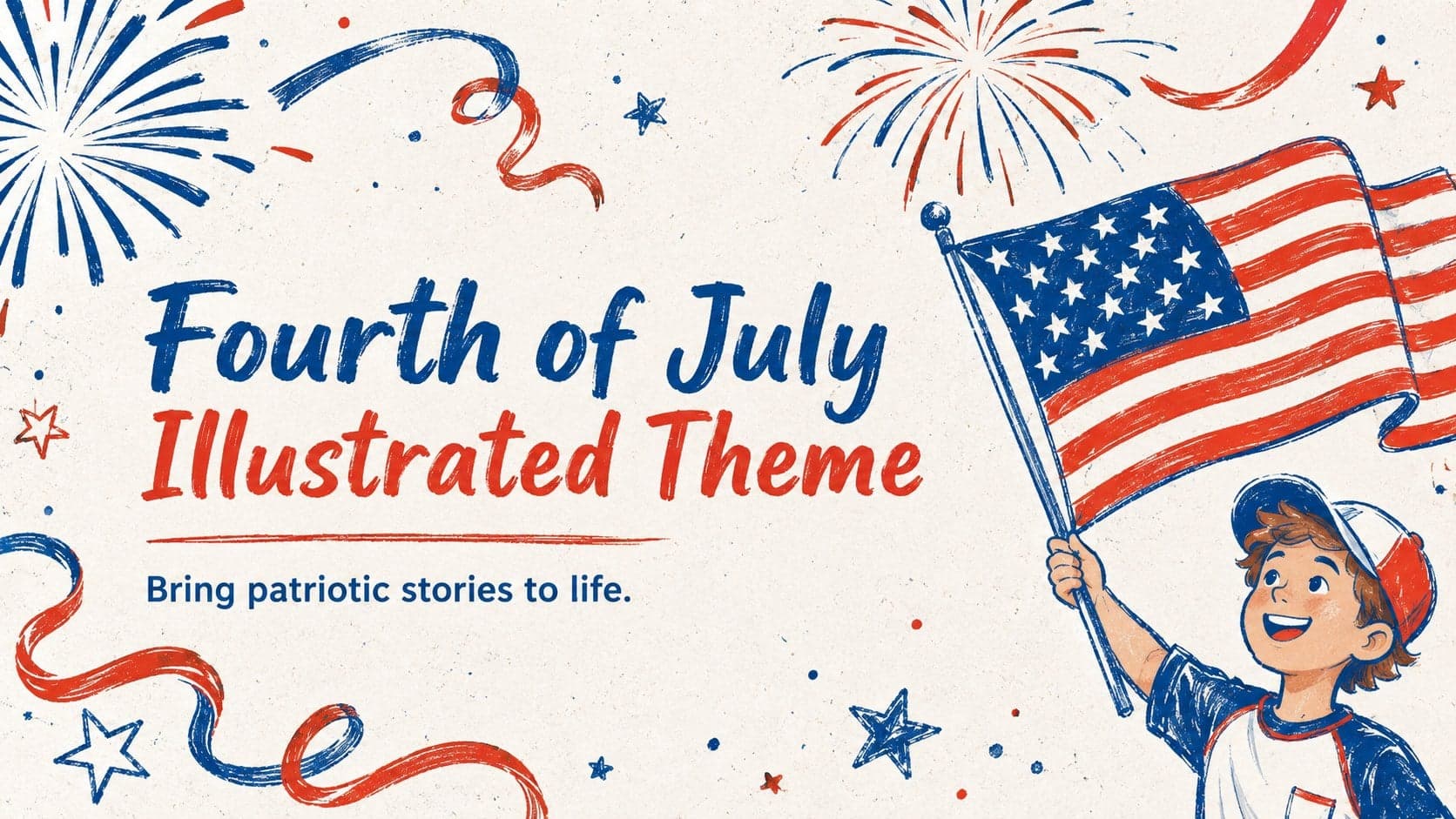 Cover of the Fourth of July illustrated theme with hand-drawn stars and festive red-and-blue decorations.