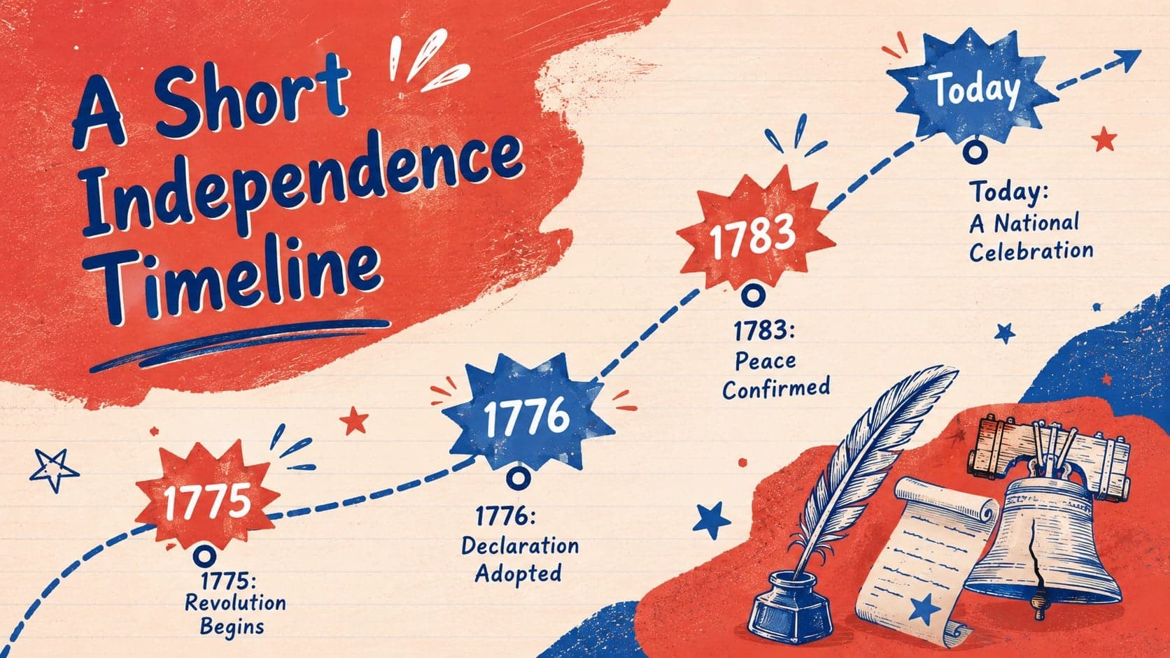 American Independence timeline slide with illustrated milestones in a red-and-blue patriotic design.