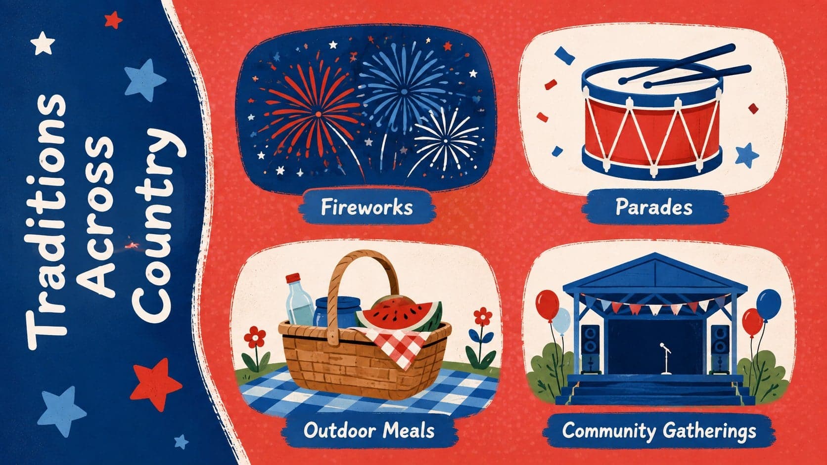 Patriotic traditions overview featuring fireworks, parades, picnics, and community gatherings.