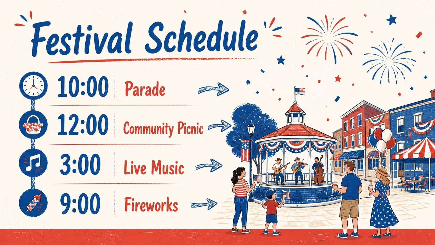 Red-and-blue July 4 event schedule slide with editable times and activity descriptions.