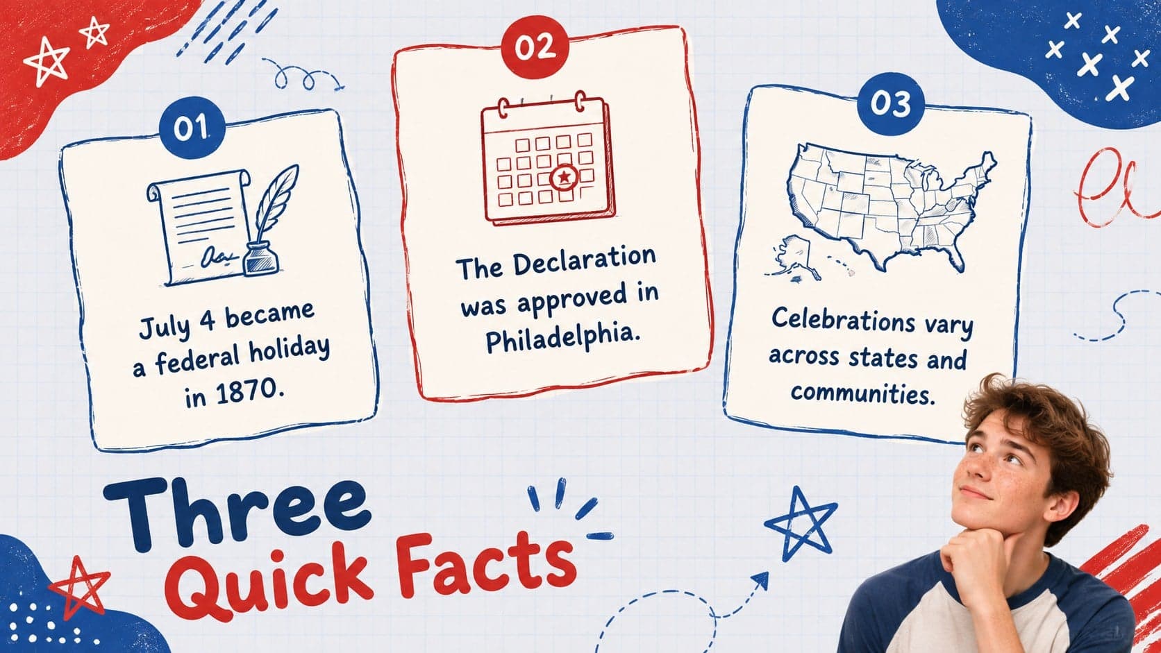American holiday classroom presentation with three concise historical facts and hand-drawn icons.