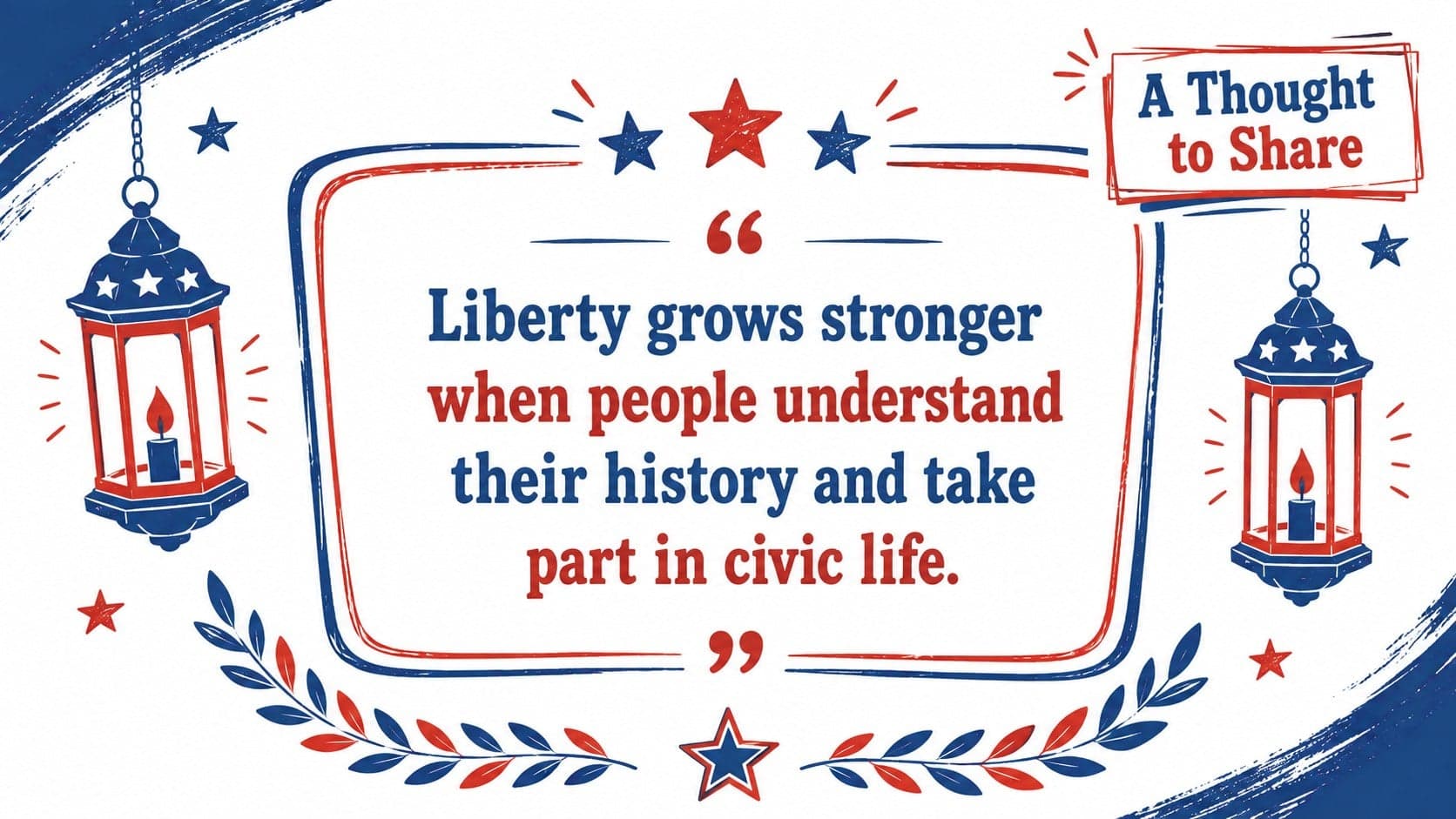 Patriotic presentation quote slide about liberty and civic responsibility with illustrated stars.
