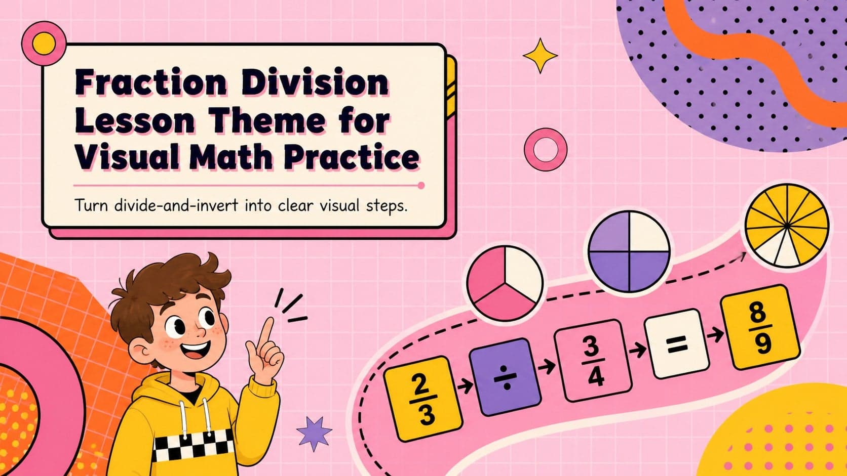 Pink retro cover for a fraction division lesson theme with geometric math shapes and visual fraction pieces.