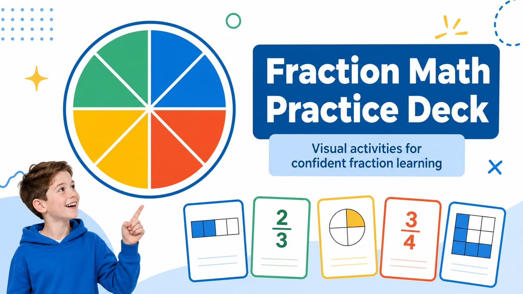 Blue geometric cover introducing a fraction math practice deck with colorful fraction shapes.